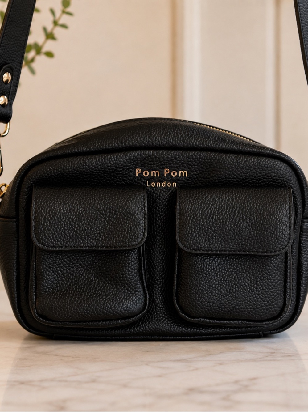 Pom Pom London Black Pebbled Leather Crossbody Bag